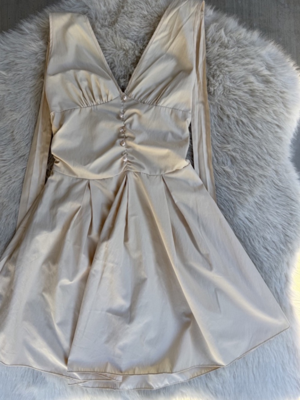 Cream Halter Fit & Flare Mini Dress | Deep V Neck | Feminine Coquette Dress - Picture 4 of 7